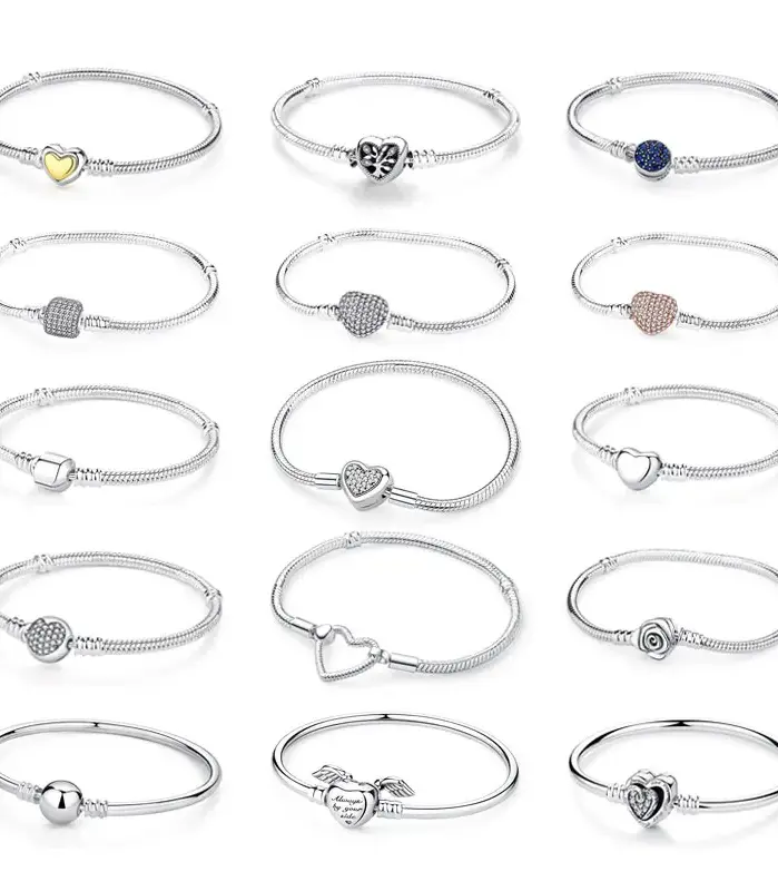Pulseras de plata de ley 925 originales, brazaletes con Clip de corazón de amor, cuentas, cadenas de serpiente para mujer, joyería de lujo DIY de oro rosa 1