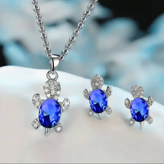 Conjunto de pendientes y collar chapados en plata para mujer, estilo ligero de lujo, forma de tortuga con diamante de cristal multicolor, 3 uds. 1