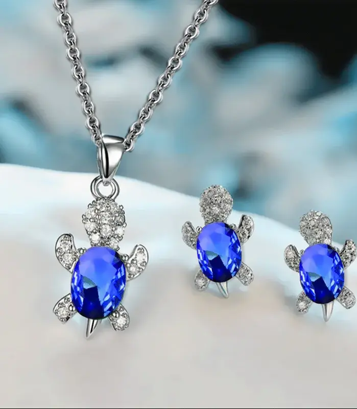 Conjunto de pendientes y collar chapados en plata para mujer, estilo ligero de lujo, forma de tortuga con diamante de cristal multicolor, 3 uds. 1
