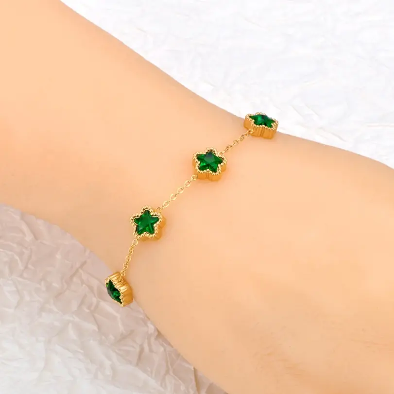 pulsera de estrella de acero inoxidable para mujer, brazalete de lujo de circonia cúbica verde y blanca, resistente al agua, cadena Premium, joyería B24003 6