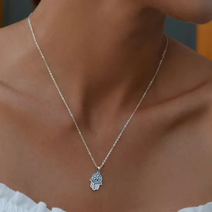 BAMOER, Plata de Ley 925 auténtica, colgante de mano de guardia de Fátima a la moda, collares de la suerte de Hamsa para mujer, regalo de joyería fina 2