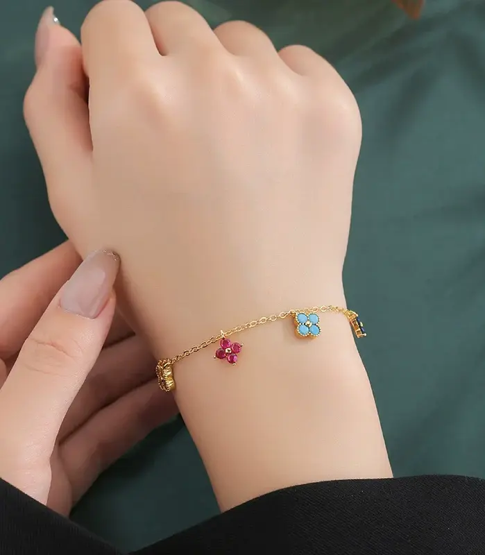 Pulsera colorida de Plata de Ley 925 con diamantes de cuatro hojas para mujer, joyería fina a la moda, accesorios para regalos 1