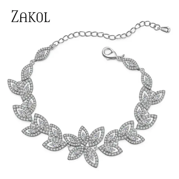 ZAKOL Pulseras de Moda con Dijes de Flor de Circonia para Mujer, Pulsera de Hoja Micro Pavimentada, Joyería para Novias y Fiestas de Boda 2