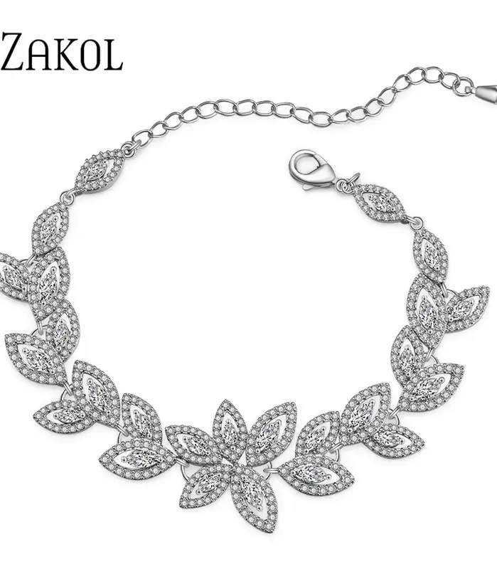 ZAKOL Pulseras de Moda con Dijes de Flor de Circonia para Mujer, Pulsera de Hoja Micro Pavimentada, Joyería para Novias y Fiestas de Boda 2