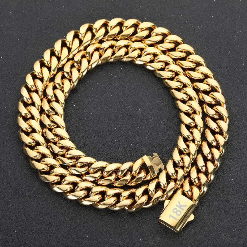 Alta calidad, ancho 8-14mm, cadena cubana de acero inoxidable de Color dorado, resistente al agua, collar de eslabones acolchados para hombres y mujeres, varios tamaños 3