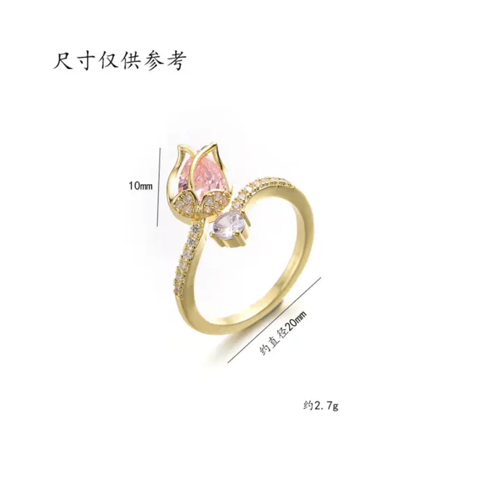 Anillos de flor de tulipán de circón rosa a la moda de lujo para mujer, anillo de dedo con apertura Floral brillante con temperamento, joyería de boda elegante 2