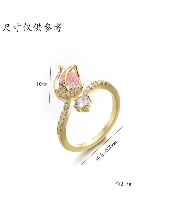 Anillos de flor de tulipán de circón rosa a la moda de lujo para mujer, anillo de dedo con apertura Floral brillante con temperamento, joyería de boda elegante 2