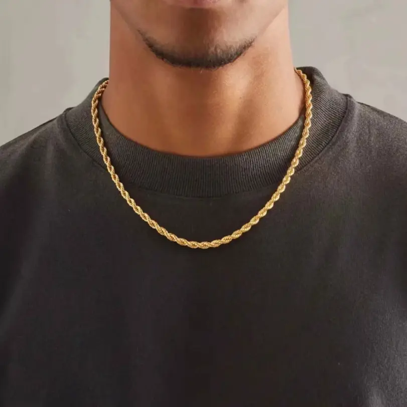 Collar de cadena de cuerda de 4mm de oro de 18K Noble, 45-60cm, venta al por mayor de plata 925 para mujer y hombre, joyería de regalo con abalorio de boda a la moda de 18-24 pulgadas 2