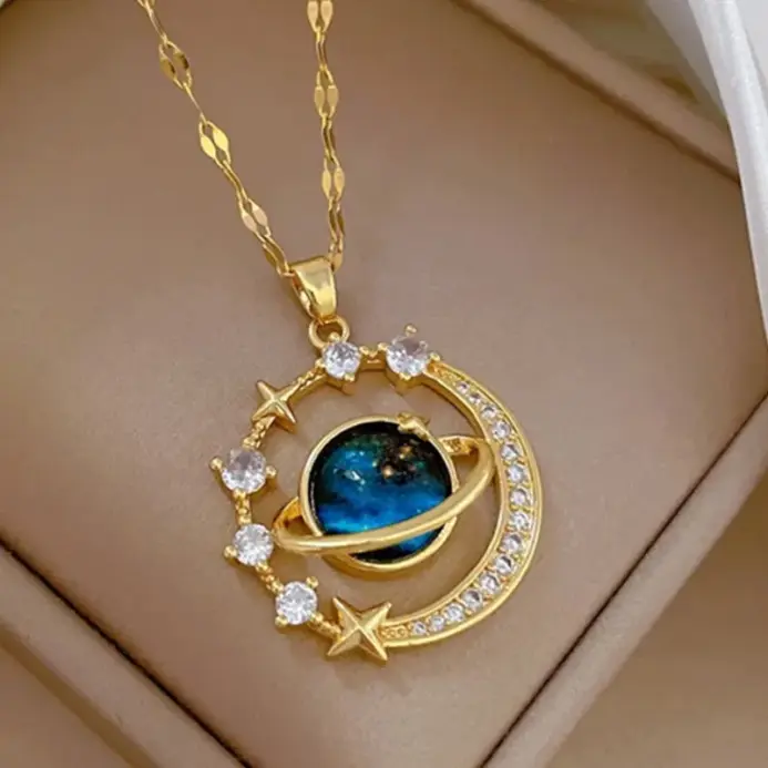 Collar ligero de lujo de la serie estrella de acero y titanio para mujer, collares con colgante de astronauta, Color dorado, planeta, Luna, regalos de joyería 1