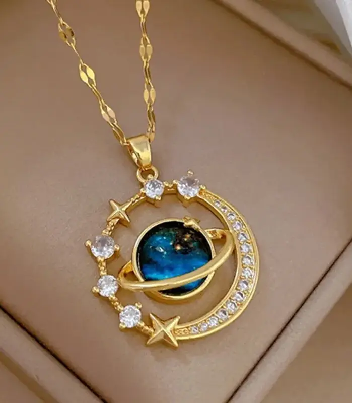 Collar ligero de lujo de la serie estrella de acero y titanio para mujer, collares con colgante de astronauta, Color dorado, planeta, Luna, regalos de joyería 1