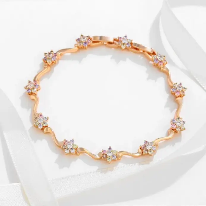 Pulseras de flores coloridas para hombre y mujer, brazaletes de 19 cm x 7mm, circón dorado plateado, joyería de moda 2