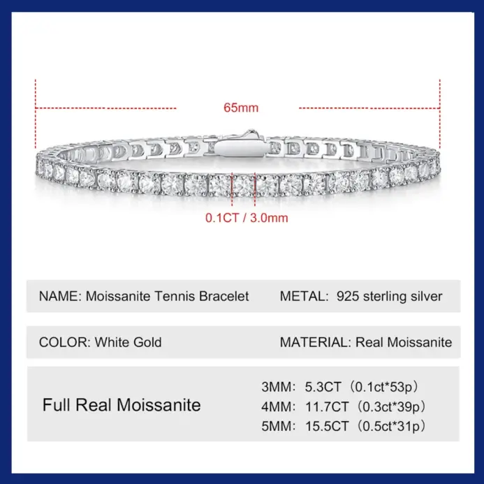 Pulsera de tenis de moissanita auténtica para hombre y mujer, brazalete de Plata de Ley 925, chapado en oro de 18k, Diamante con GRA, 3/4/5mm 2