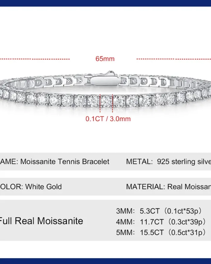 Pulsera de tenis de moissanita auténtica para hombre y mujer, brazalete de Plata de Ley 925, chapado en oro de 18k, Diamante con GRA, 3/4/5mm 2