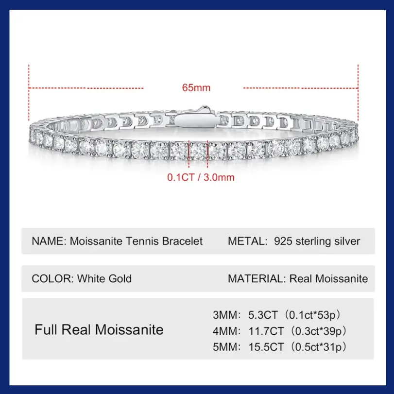 Pulsera de tenis de moissanita auténtica para hombre y mujer, brazalete de Plata de Ley 925, chapado en oro de 18k, Diamante con GRA, 3/4/5mm 2