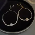 Pulsera de acero inoxidable chapada en oro de 18K ajustable llena de diamantes de imitación para mujer, nueva moda 2026, pulsera de circón cuadrada, joyería 3