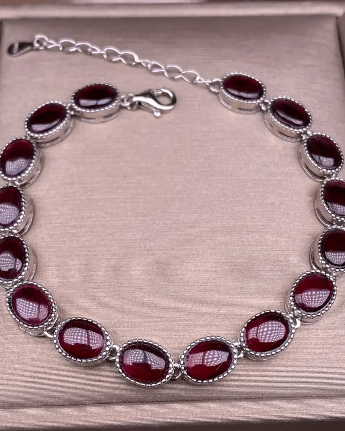 Conjunto de pulsera de plata de ley S925 con 17 granados naturales, joyería de pulsera para mujer sencilla y elegante, adecuada para uso diario 2