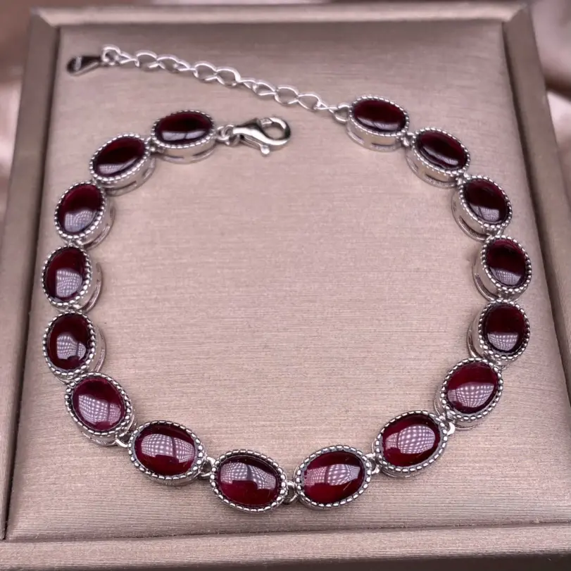 Conjunto de pulsera de plata de ley S925 con 17 granados naturales, joyería de pulsera para mujer sencilla y elegante, adecuada para uso diario 2