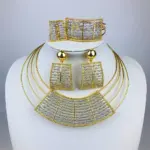 Collar geométrico de dos tonos, conjunto de joyería de 4 Uds para mujer, Collar grueso, pendientes colgantes, pulsera, anillo, regalos de fiesta de boda nupcial 1