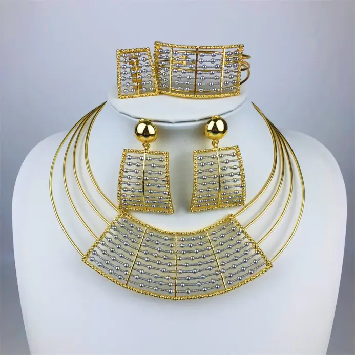 Collar geométrico de dos tonos, conjunto de joyería de 4 Uds para mujer, Collar grueso, pendientes colgantes, pulsera, anillo, regalos de fiesta de boda nupcial 1
