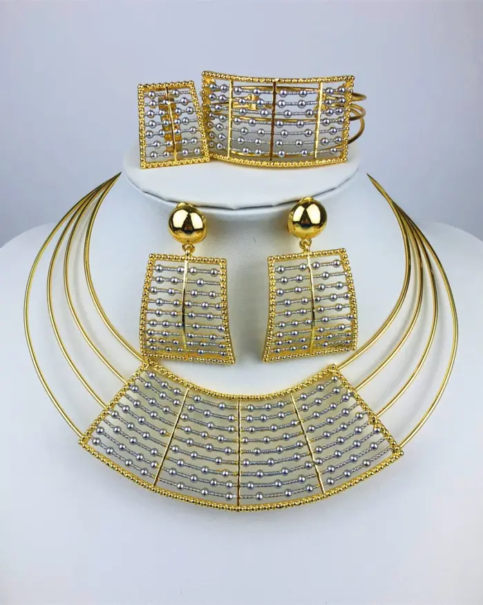 Collar geométrico de dos tonos, conjunto de joyería de 4 Uds para mujer, Collar grueso, pendientes colgantes, pulsera, anillo, regalos de fiesta de boda nupcial 1
