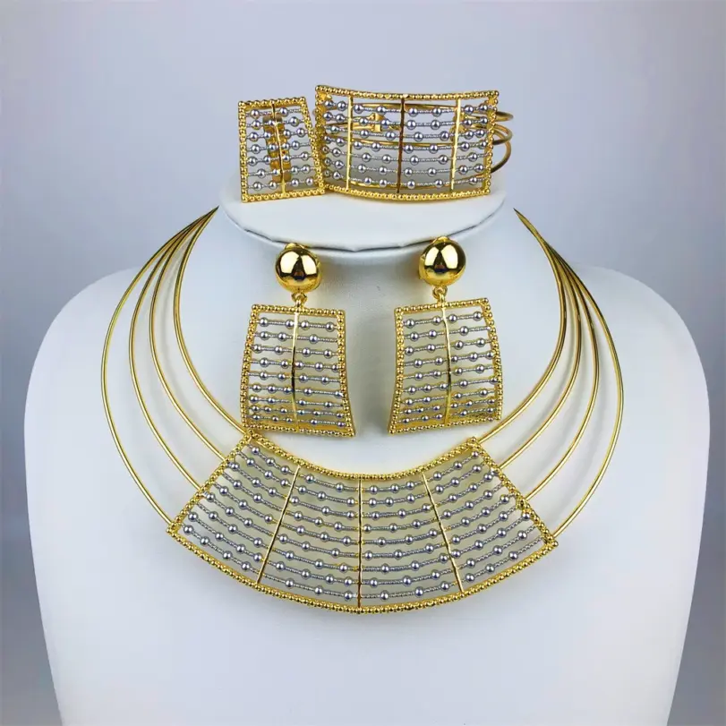 Collar geométrico de dos tonos, conjunto de joyería de 4 Uds para mujer, Collar grueso, pendientes colgantes, pulsera, anillo, regalos de fiesta de boda nupcial 1