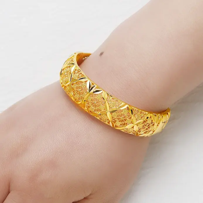 Brazalete de boda de lujo para mujer, oro puro 24K 9999, oro real, pulsera de hierba hueca 1