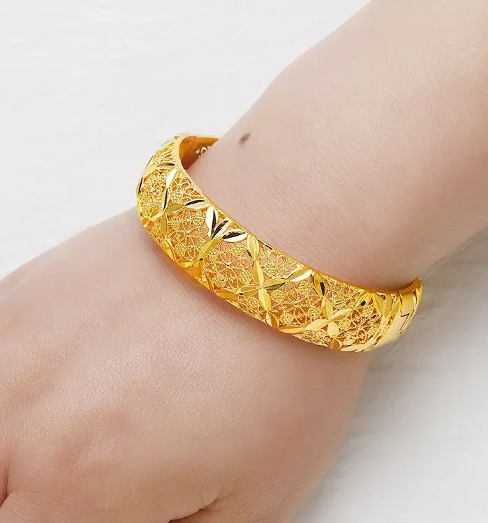Brazalete de boda de lujo para mujer, oro puro 24K 9999, oro real, pulsera de hierba hueca 1