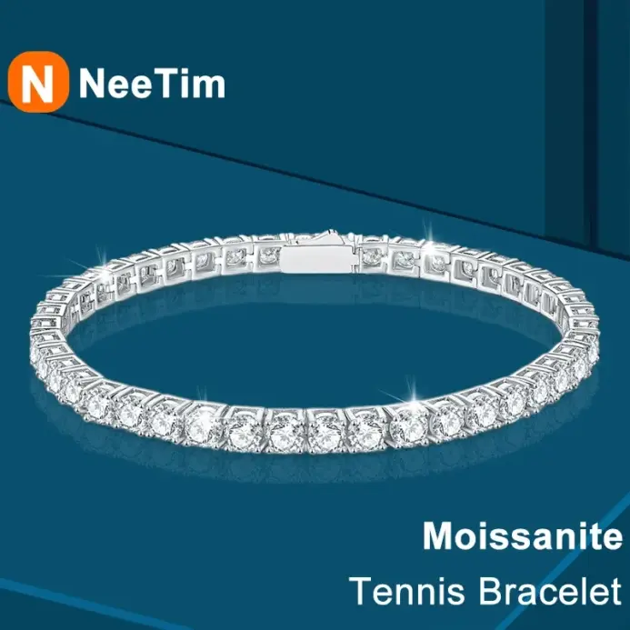 NeeTim-pulsera de tenis de moissanita de 3mm, 4mm, 5mm y 6,5mm, pulseras originales de plata de ley s925 con diamantes de laboratorio para mujeres y hombres, cadenas 1