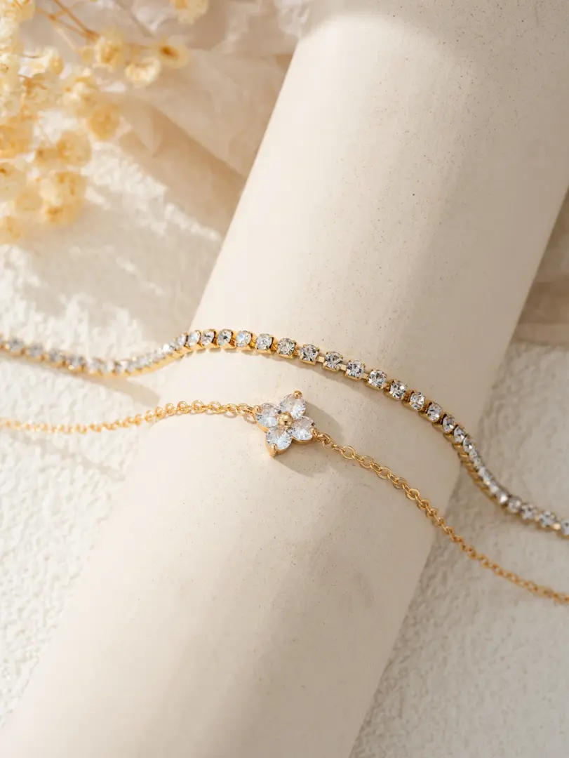 Conjunto de pulsera para mujer con cadena de agua y flor de circonia cúbica Simple, joyería diaria para oficina, 2 uds. 4