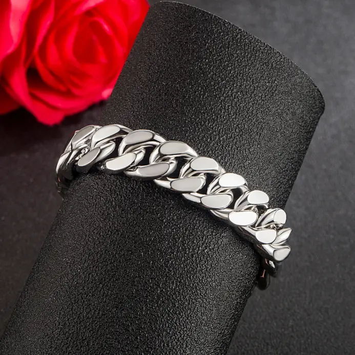 Pulsera de 100% Plata de Ley 925 para hombre, cadena cubana de 13,5mm, regalo de joyería fina de estilo Punk sólido de 7,5-10 pulgadas 1