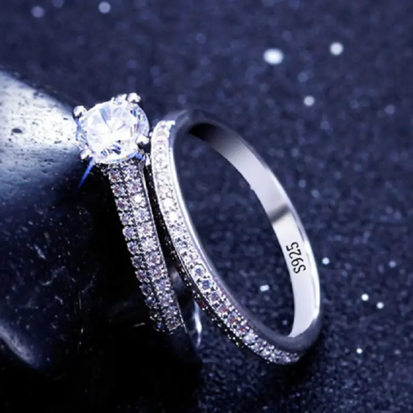 1 par de anillos de boda de Plata de Ley 925 Halo Vintage para mujer, joyería de regalo de aniversario, venta al por mayor 3