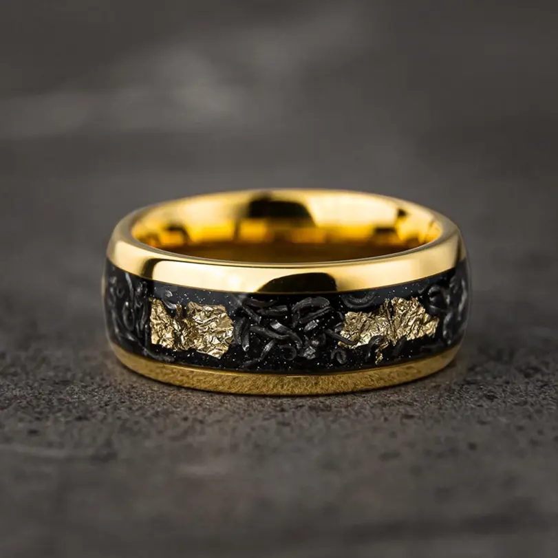 Anillo de tungsteno con meteorito de 8 mm para hombre, joyería de moda, anillos de boda para hombre, anillos de compromiso con incrustaciones de hoja de oro, regalos finos, ajuste cómodo. 5