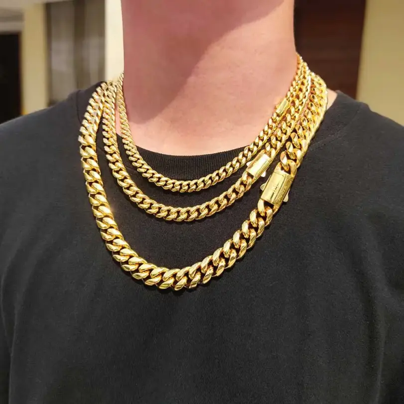 Alta calidad, ancho 8-14mm, cadena cubana de acero inoxidable de Color dorado, resistente al agua, collar de eslabones acolchados para hombres y mujeres, varios tamaños 4