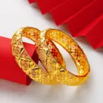 Brazalete de boda de lujo para mujer, oro puro 24K 9999, oro real, pulsera de hierba hueca 4