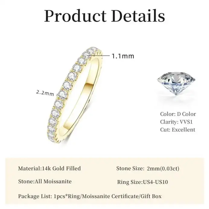 Anillo de boda Lnngy de oro de 14k para mujer, certificado D Color VVS1, anillo de eternidad de moissanita de 2mm creado en laboratorio, joyería brillante 2