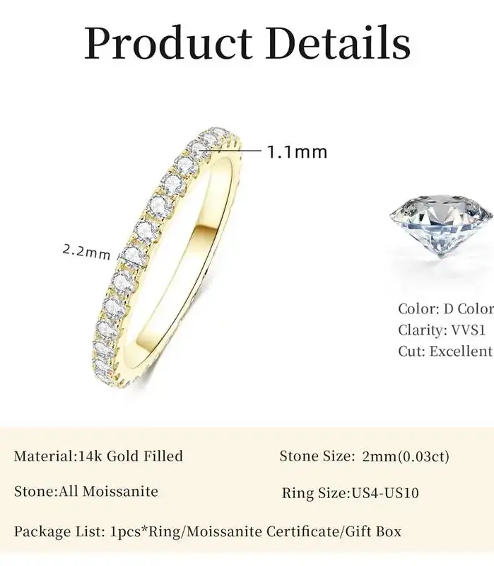 Anillo de boda Lnngy de oro de 14k para mujer, certificado D Color VVS1, anillo de eternidad de moissanita de 2mm creado en laboratorio, joyería brillante 2
