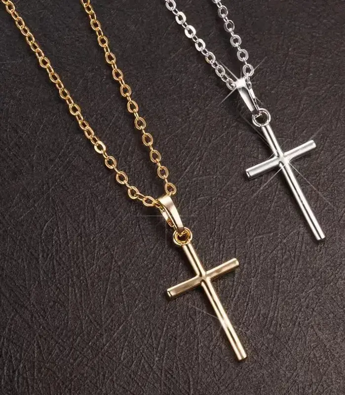 Collares de cruz de Jesús cristiano a la moda, colgantes simples de cadena larga de Color plateado para mujeres y hombres, regalos de joyería, triangulación de envíos 1