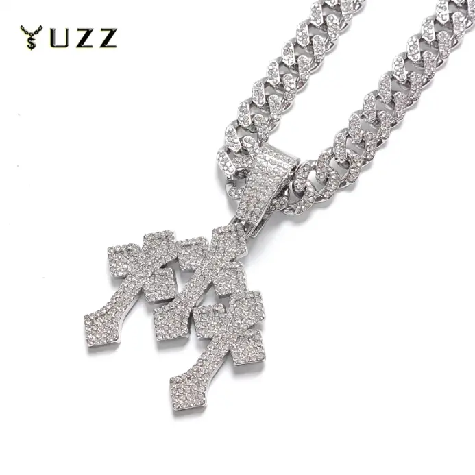 Nuevos collares con colgante de cruces apiladas heladas para hombres con cadena cubana de 13mm, colgante de joyería de diamantes de imitación con cruz de Hip Hop, regalo 1