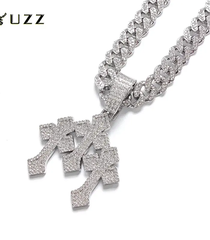 Nuevos collares con colgante de cruces apiladas heladas para hombres con cadena cubana de 13mm, colgante de joyería de diamantes de imitación con cruz de Hip Hop, regalo 1