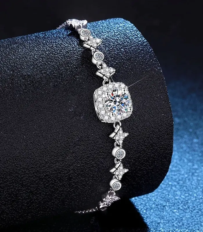 Pulsera de moissanita de platino Real de 18 quilates, pulsera de un quilate PT950, bolso cuadrado, pulsera de estrella y luna, joyería de boda 2