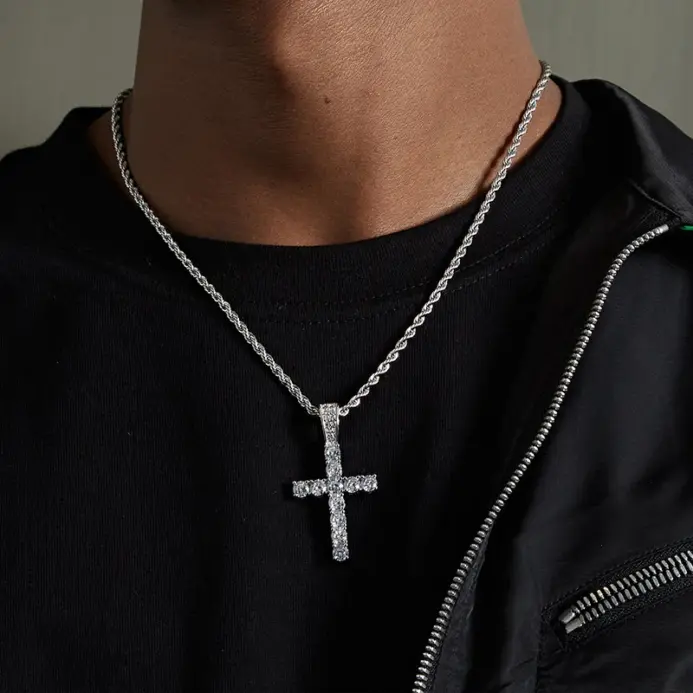 Collar largo de cadena trenzada de 60cm para mujeres/hombres, collar con colgante de Cruz de circonia cúbica de lujo a la moda, accesorios de amor para regalo 2