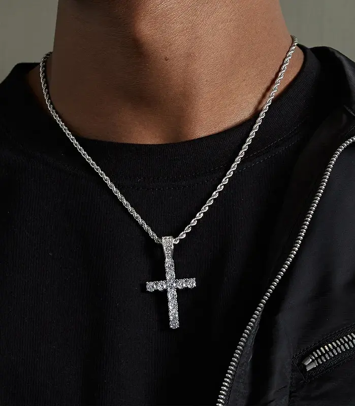 Collar largo de cadena trenzada de 60cm para mujeres/hombres, collar con colgante de Cruz de circonia cúbica de lujo a la moda, accesorios de amor para regalo 2