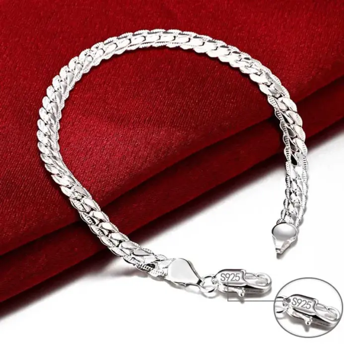 Pulsera de plata de ley 925, 6mm, 18/20cm, cadena lateral plana, cierre de langosta para mujer, hombre, joyería de compromiso de boda 1