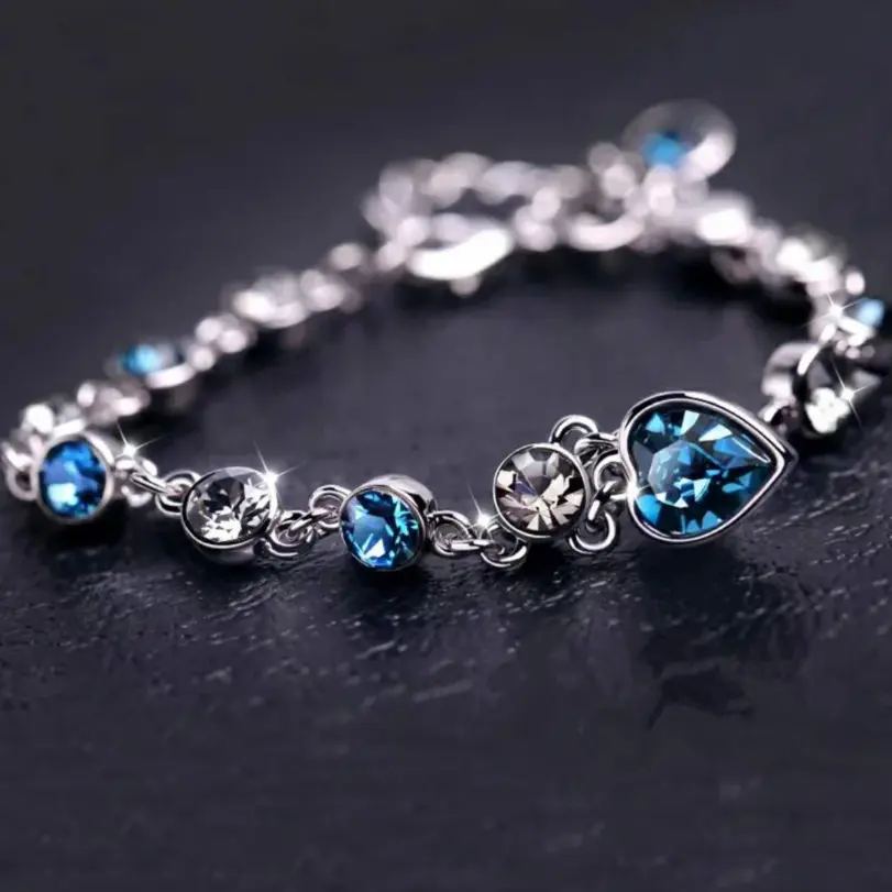 Pulsera de la suerte de Color plateado para mujer, Pulseras con dije de corazón de cristal azul para mujer, joyería fina de compromiso para boda y novia, regalo 3