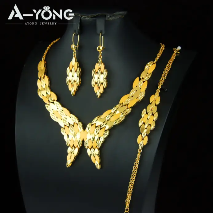 Precioso conjunto de joyería de boda de Dubái, chapado en oro de 24k, collar nupcial nigeriano, pulsera, pendientes, joyería árabe para mujer 2