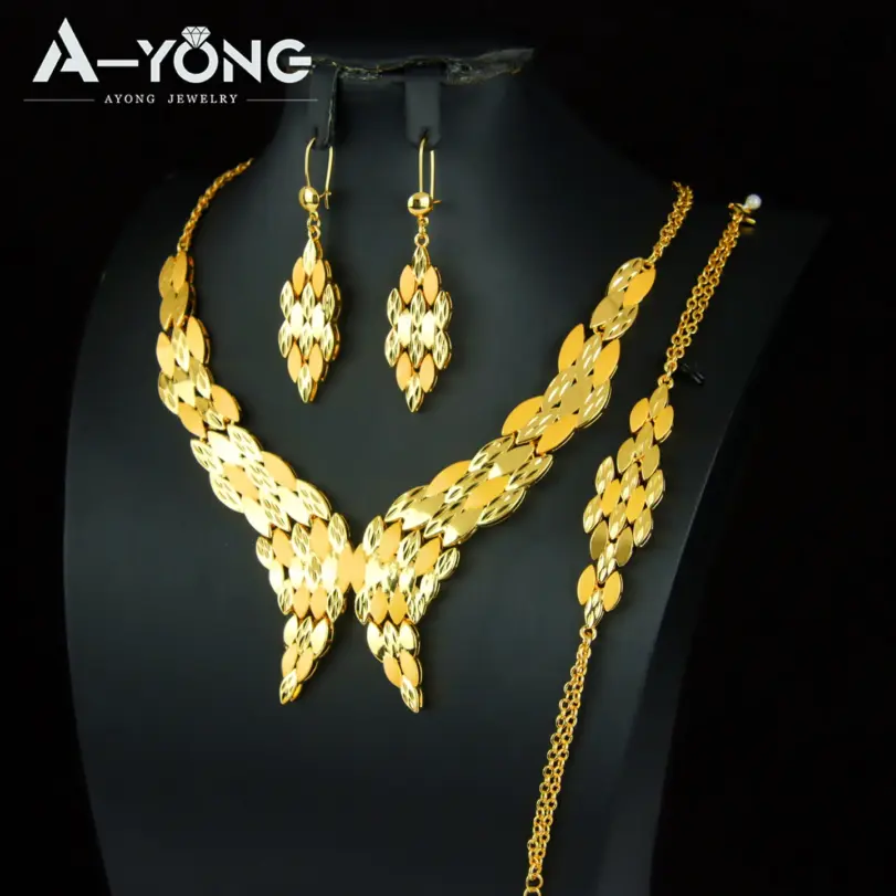 Precioso conjunto de joyería de boda de Dubái, chapado en oro de 24k, collar nupcial nigeriano, pulsera, pendientes, joyería árabe para mujer 2