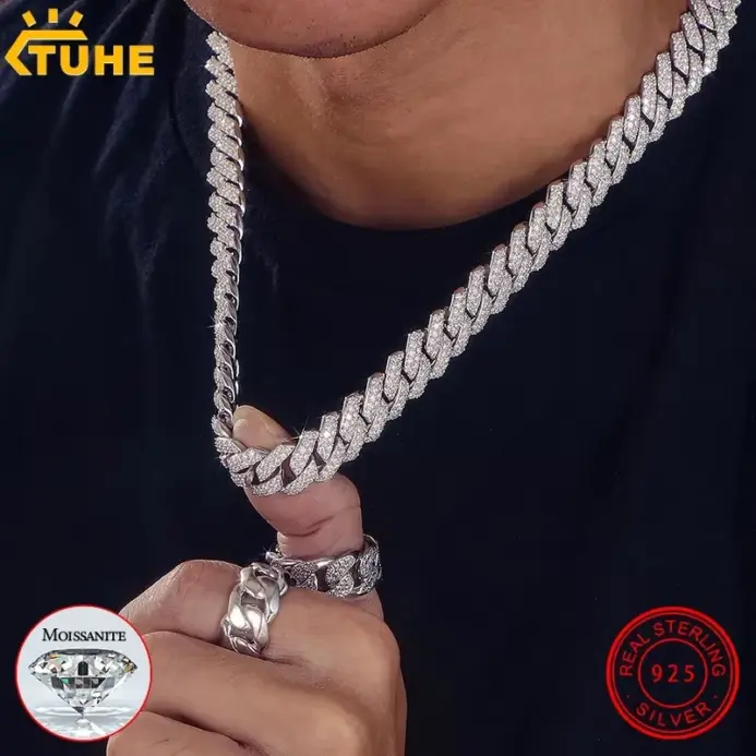 Collar de eslabones cubanos de 14mm para hombre, cadena de Plata de Ley 925 de mossanita, joyería de Hip Hop 1
