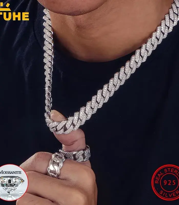 Collar de eslabones cubanos de 14mm para hombre, cadena de Plata de Ley 925 de mossanita, joyería de Hip Hop 1