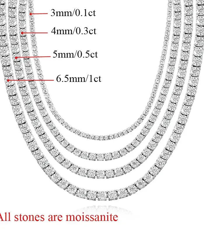 Collar de tenis OEVAS de moissanita de 3MM/4MM/5MM/6.5MM para mujer, de alta calidad, 100% plata de ley 925, joyería fina brillante para fiestas 2