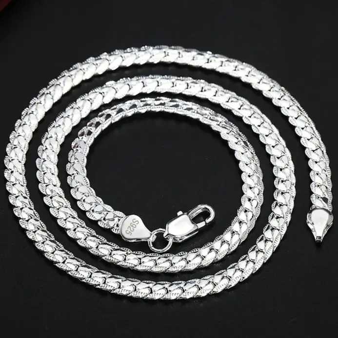 Plata de Ley 925 8/16/18/20/22/24 pulgadas 6mm collar de cadena lateral pulsera para mujer hombres moda encanto joyería de boda 2